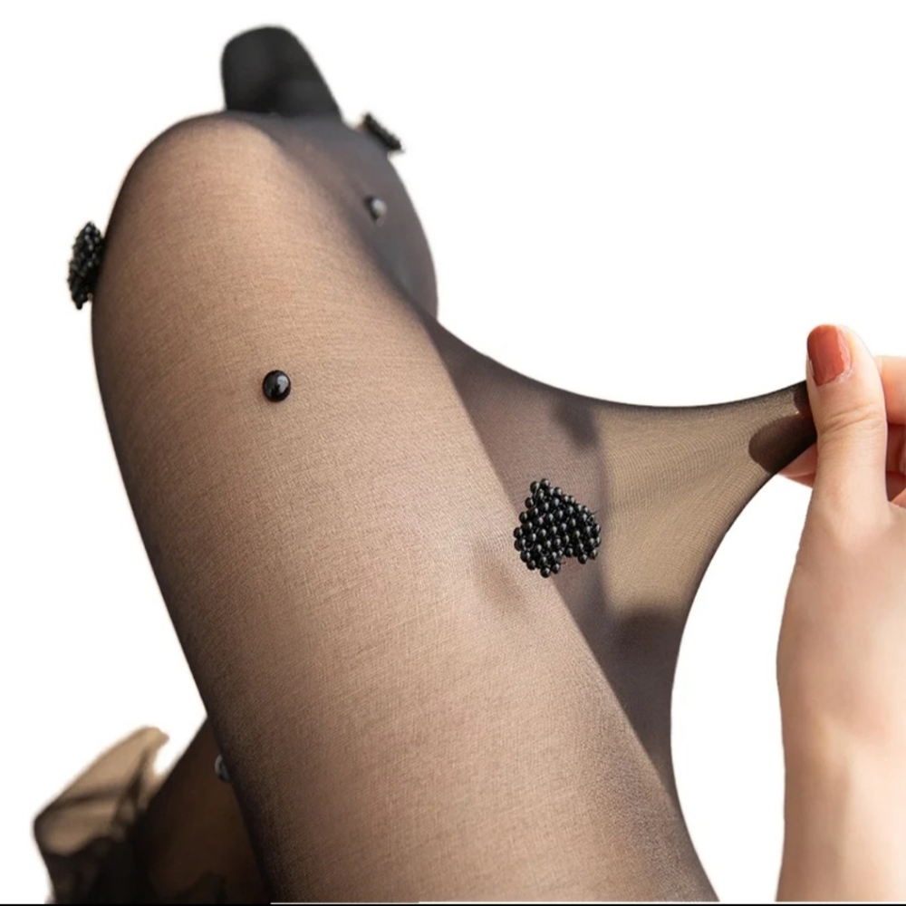 Sheer Black High Waist Tights with Beaded Accents